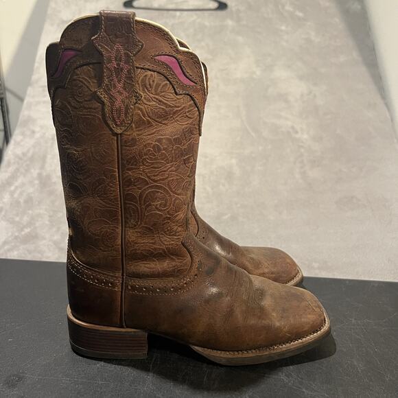 Justin Waxy Boots Womens Size 7 B Leather Embroidered Western Cowboy Square Toe - Picture 1 of 11